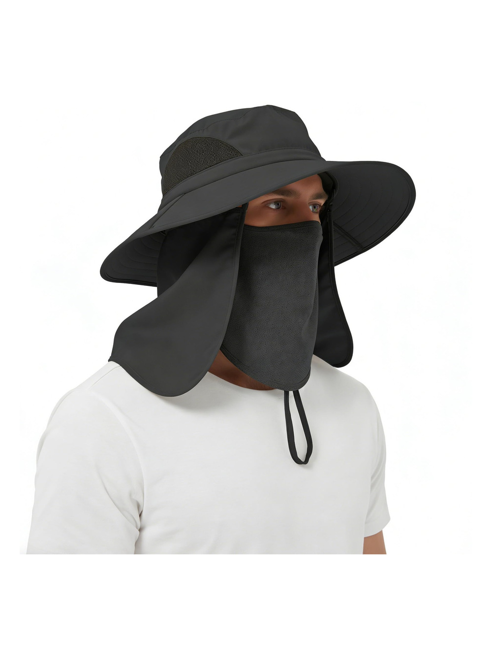 Wide Brim Sun Bucket Hat, Waterproof Boonie | Black (Full Coverage) | Size OS